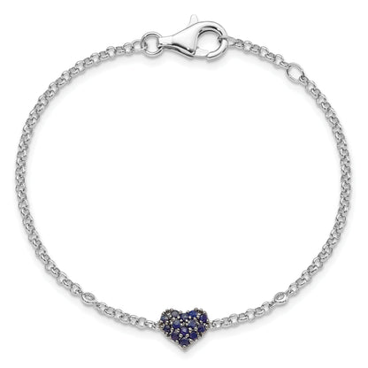 7 Inch Sterling Silver Rhodium Diam. & Sapphire Heart Bracelet