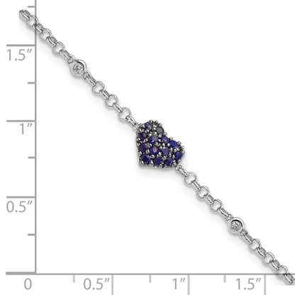 7 Inch Sterling Silver Rhodium Diam. & Sapphire Heart Bracelet