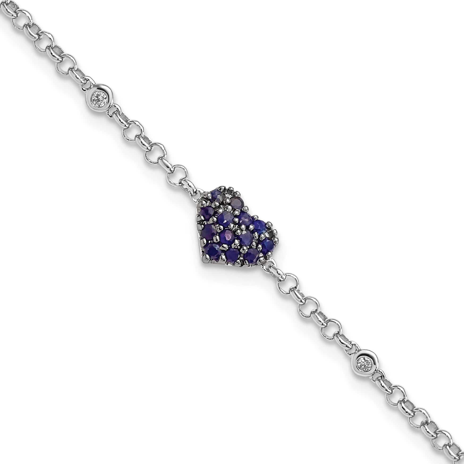 7 Inch Sterling Silver Rhodium Diam. & Sapphire Heart Bracelet