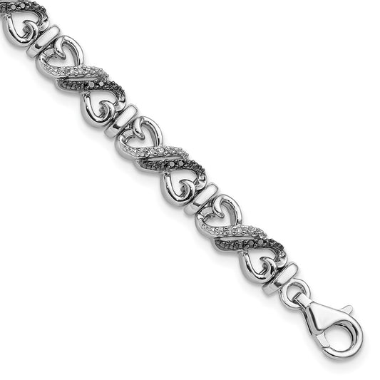 Sterling Silver White Night Rhodium-Plated Black And Diamond Infinity Heart 7.5 Inch Bracelet