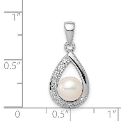 Sterling Silver Rhodium 6mm Fw Cltrd Pearl & Diamond Teardrop Pendant