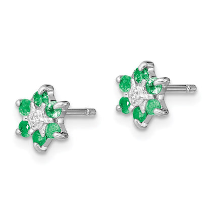 Sterling Silver Rhodium Emerald & Diamond Post Earrings