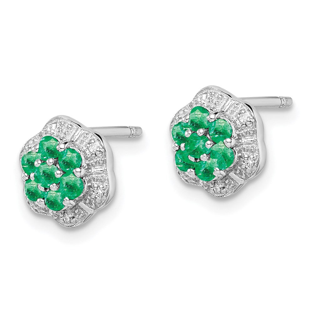 Sterling Silver Rhodium Emerald & Diamond Post Earrings