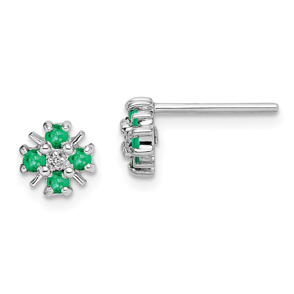 Sterling Silver Rhodium Emerald & Diamond Post Earrings
