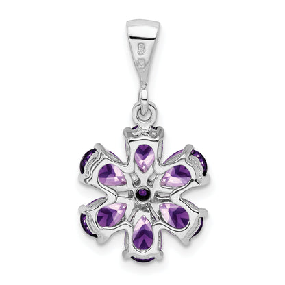 Sterling Silver Rhodium Plated Amethyst And Diamond Flower Pendant