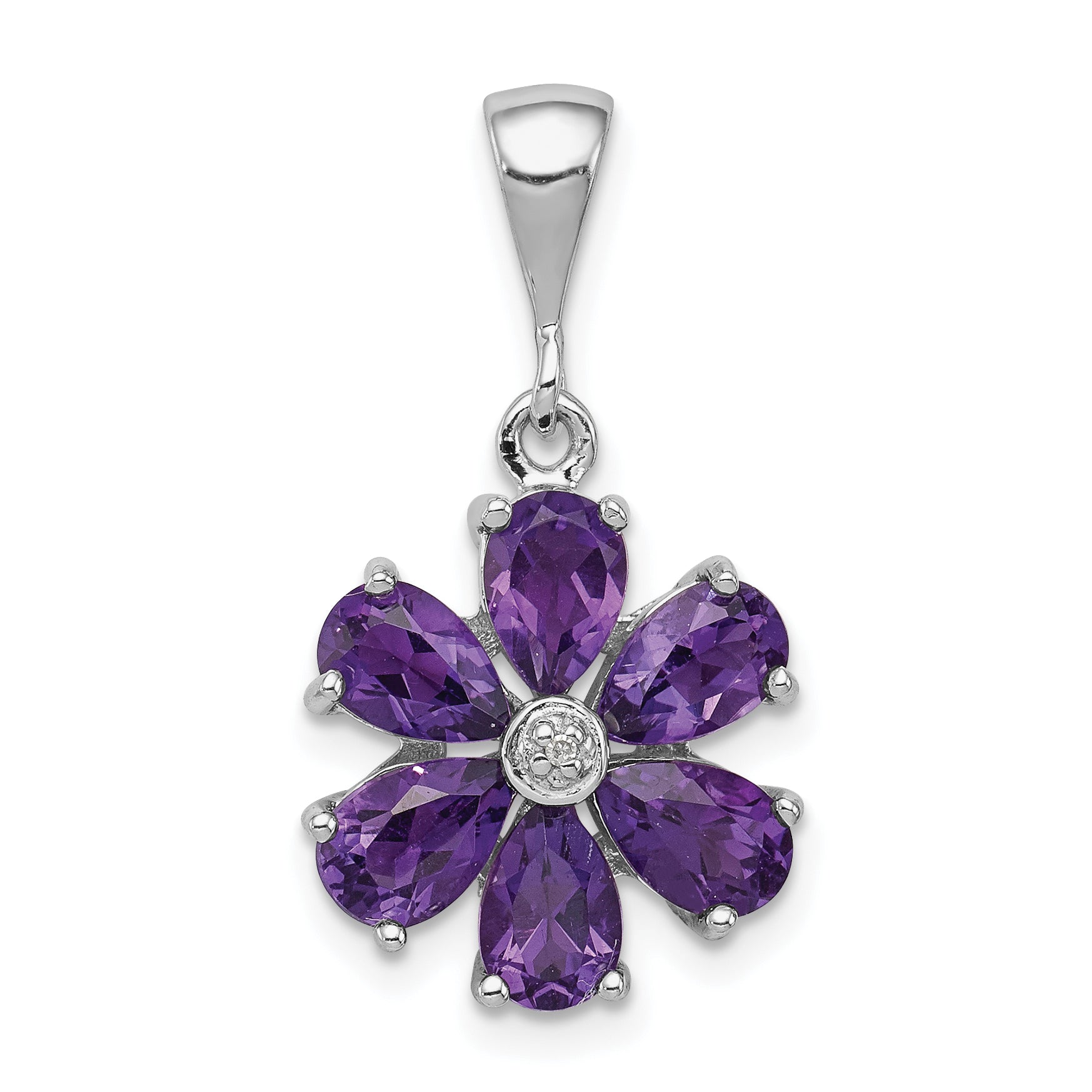 Sterling Silver Rhodium Plated Amethyst And Diamond Flower Pendant