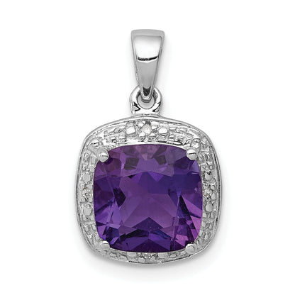 Sterling Silver Rhodium Plated Amethyst And Diamond Pendant