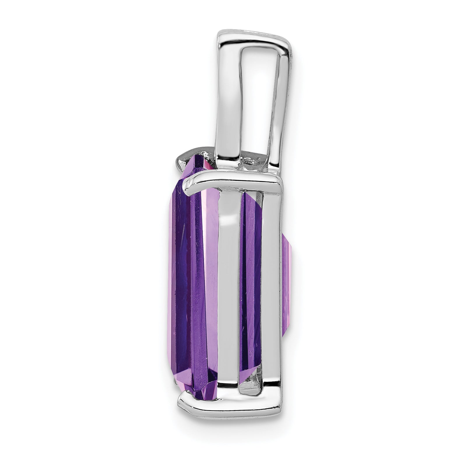 Sterling Silver Rhodium Emerald-Cut Amethyst & Diamond Pendant