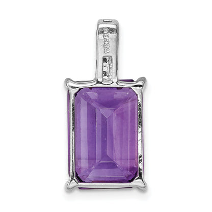 Sterling Silver Rhodium Emerald-Cut Amethyst & Diamond Pendant