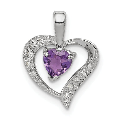 Sterling Silver Rhodium Plated Amethyst And Diamond Heart Pendant