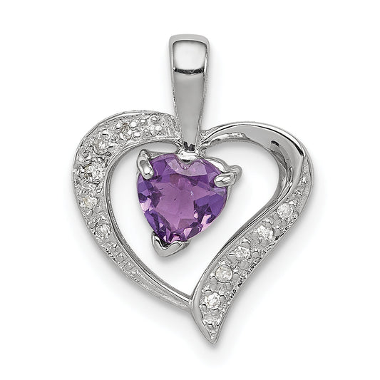 Sterling Silver Rhodium Plated Amethyst And Diamond Heart Pendant
