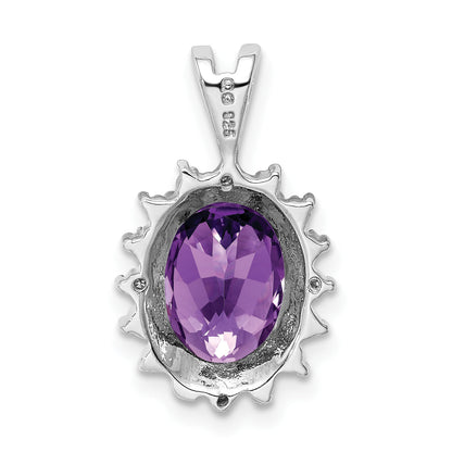 Sterling Silver Rhodium Plated Oval Amethyst And Diamond Pendant