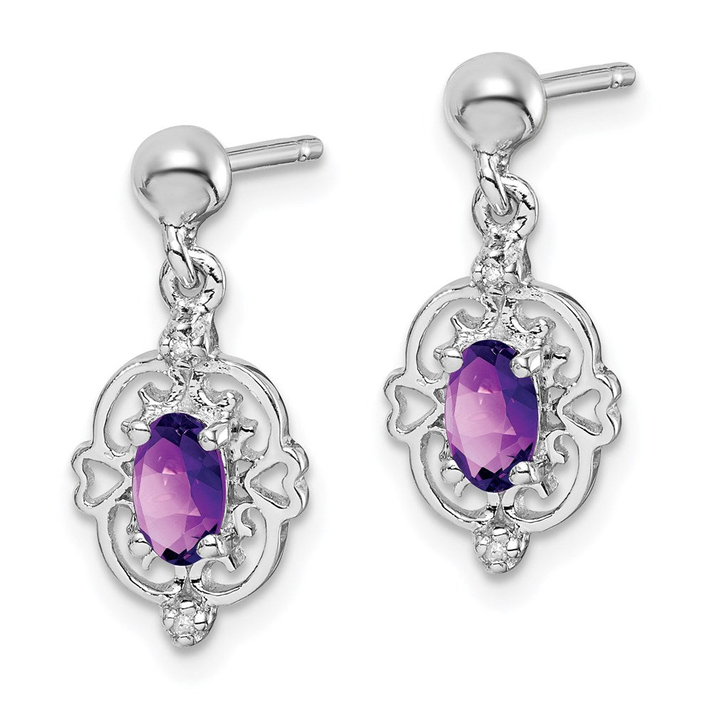 Sterling Silver Rhodium Plated Amethyst And Diamond Post Earrings