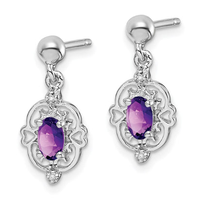 Sterling Silver Rhodium Plated Amethyst And Diamond Post Earrings