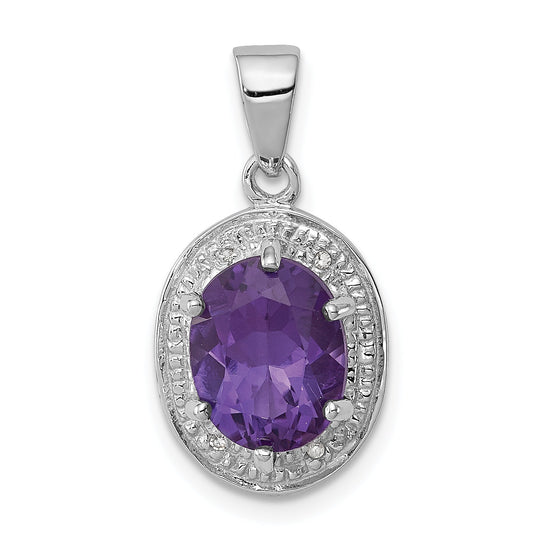 Sterling Silver Rhodium Plated Amethyst And Diamond Pendant