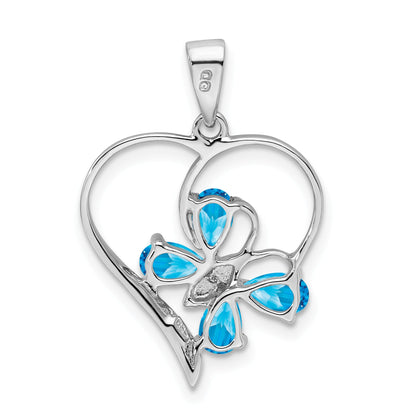 Sterling Silver Rhodium Sw Blue Topaz & Diamond Butterfly Heart Pendant