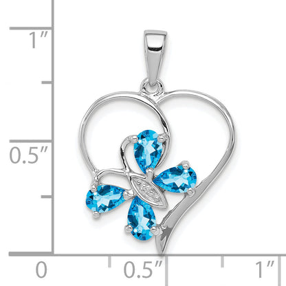 Sterling Silver Rhodium Sw Blue Topaz & Diamond Butterfly Heart Pendant