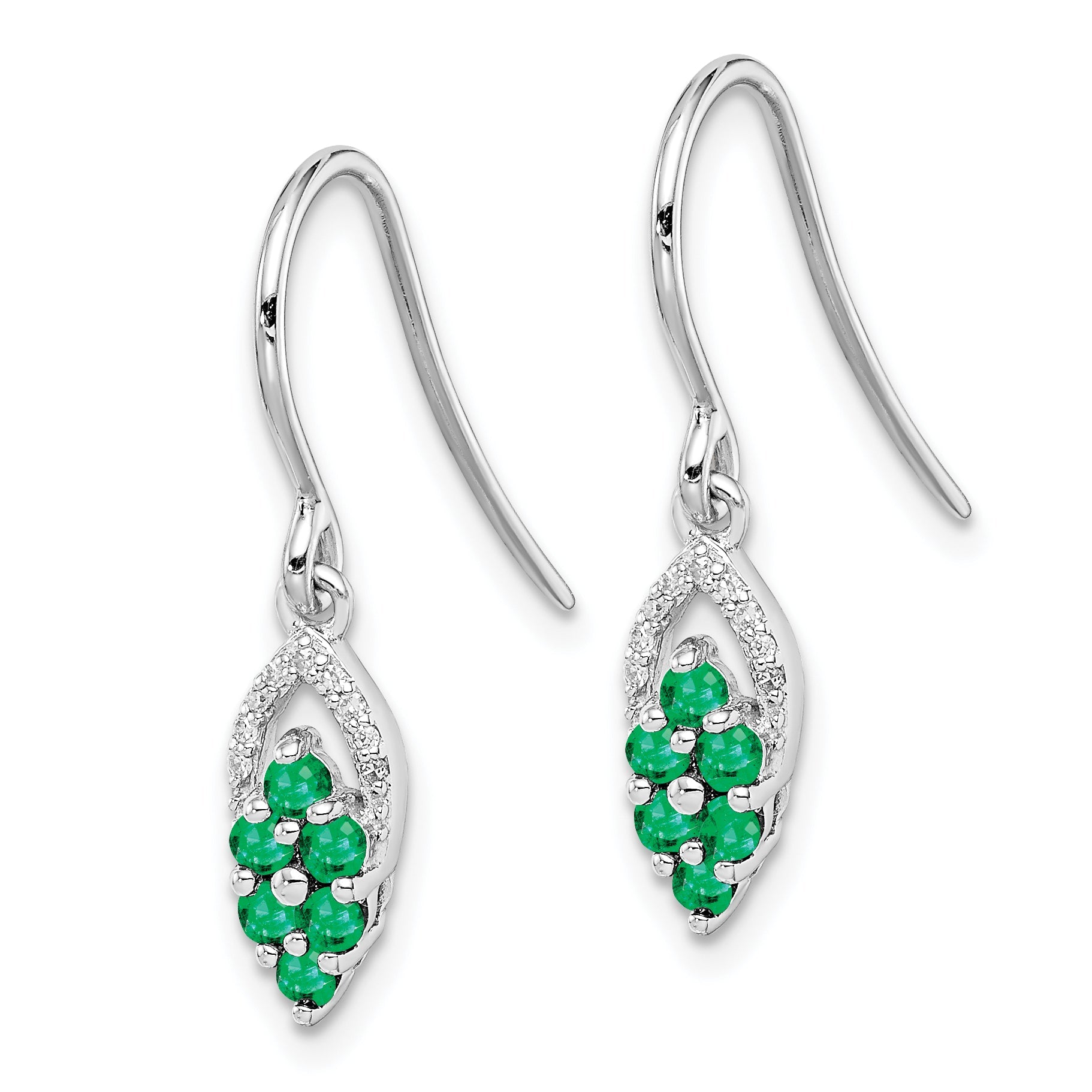 Sterling Silver Rhodium-Plated Diam. & Emerald Shepherd Hook Earrings