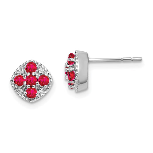 Sterling Silver Rhodium-Plated Ruby Flower Post Earrings