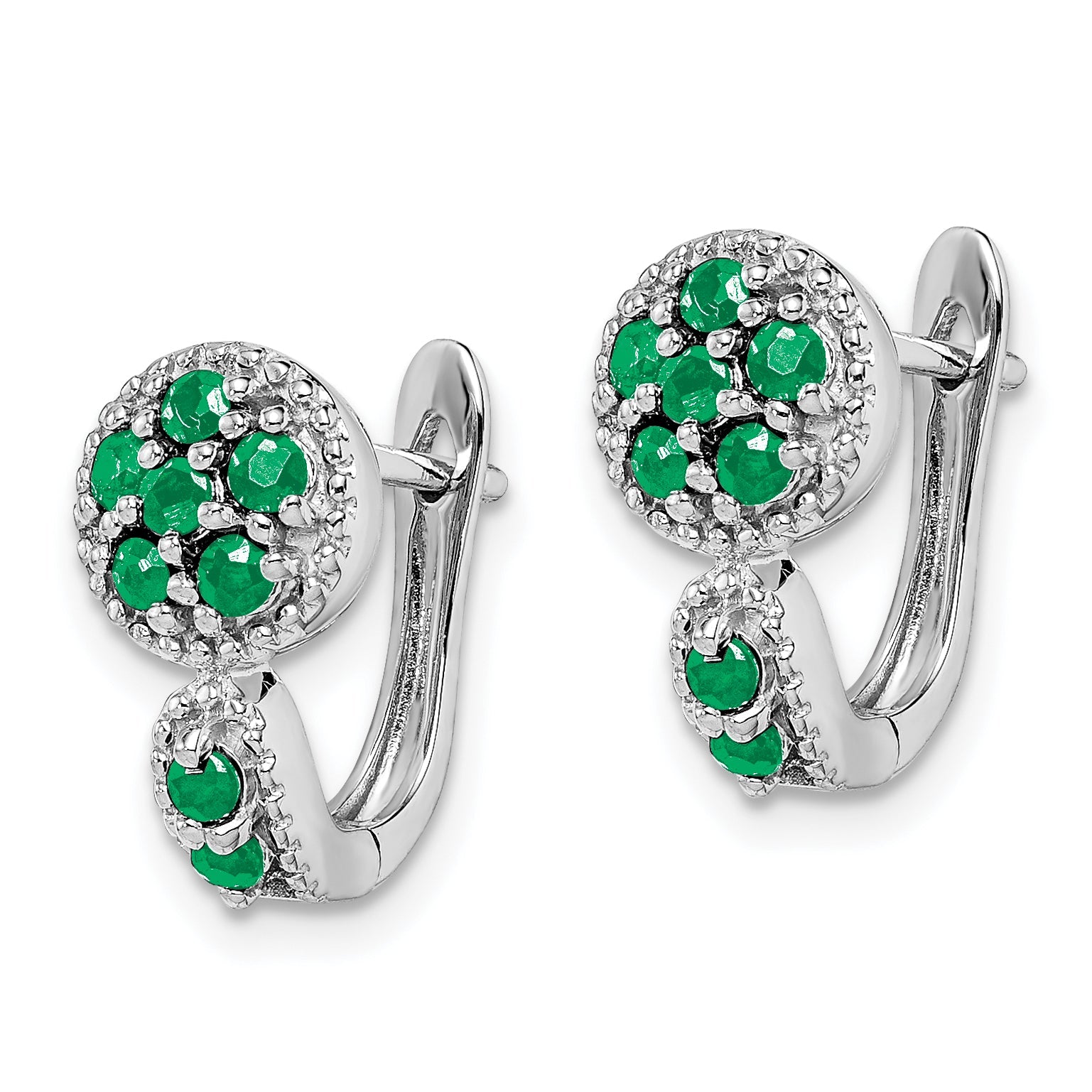 Sterling Silver Rhodium-Plated Emerald Circle Hinged Earrings