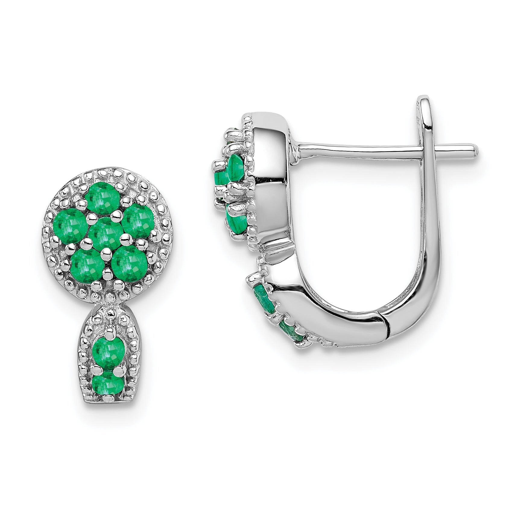 Sterling Silver Rhodium-Plated Emerald Circle Hinged Earrings