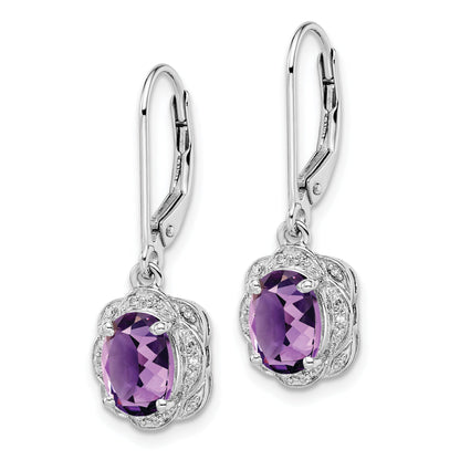 Sterling Silver Rhodium-Plated Diamond And Amethyst Earrings