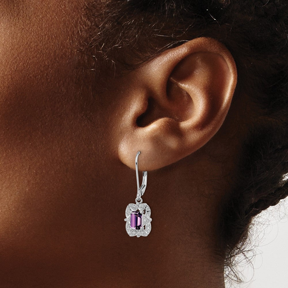 Sterling Silver Rhodium-Plated Diamond And Amethyst Earrings
