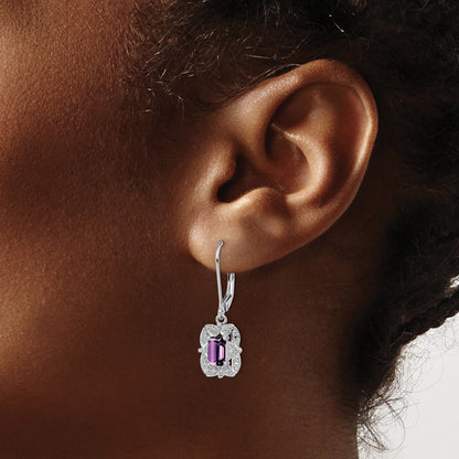 Sterling Silver Rhodium-Plated Diamond And Amethyst Earrings