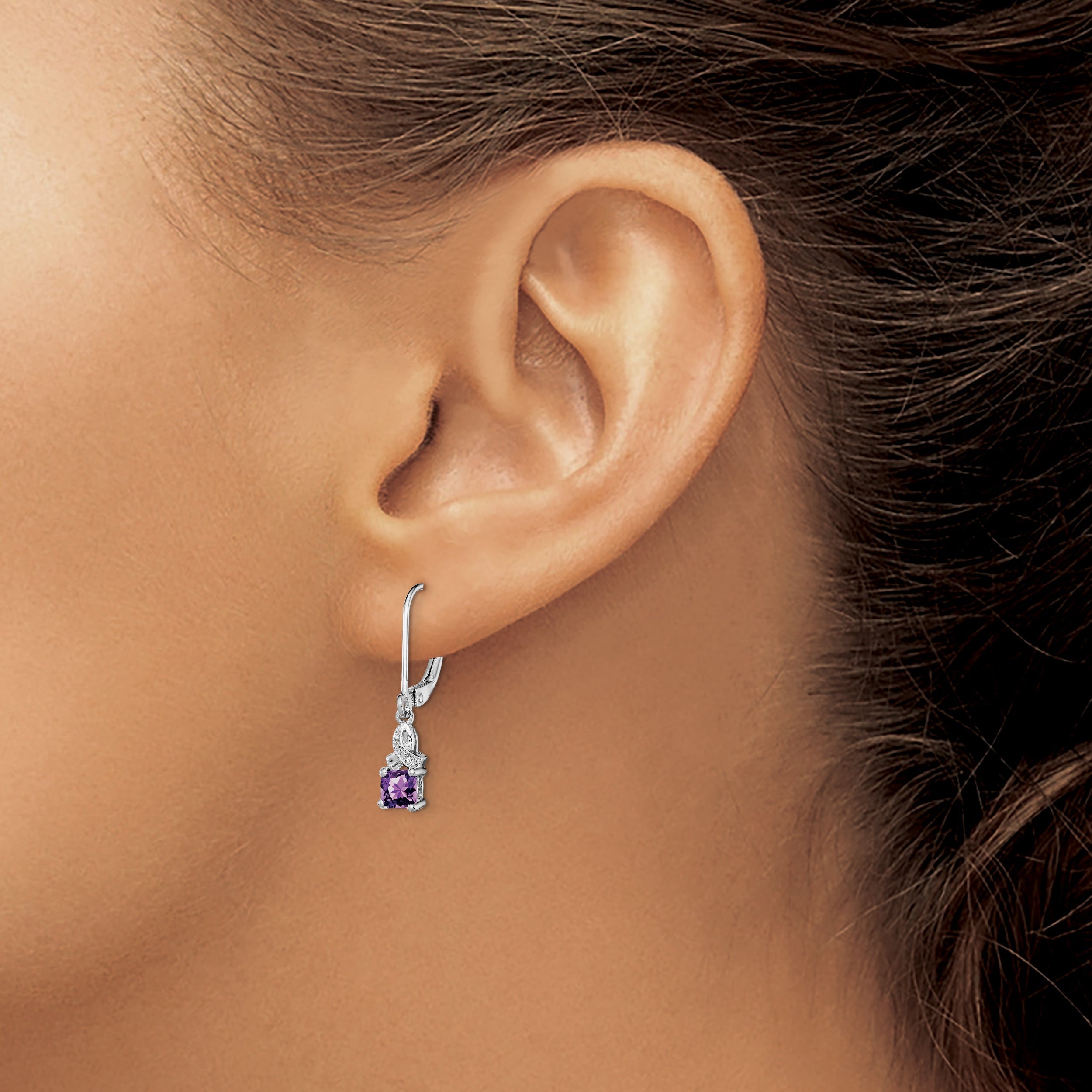 Sterling Silver Rhodium-Plated Amethyst And Diamond Earrings