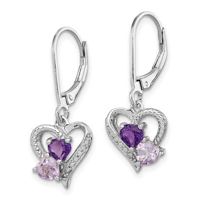Sterling Silver Rh Plated Amethyst Pink Quartz And Diamond Heart Earrings