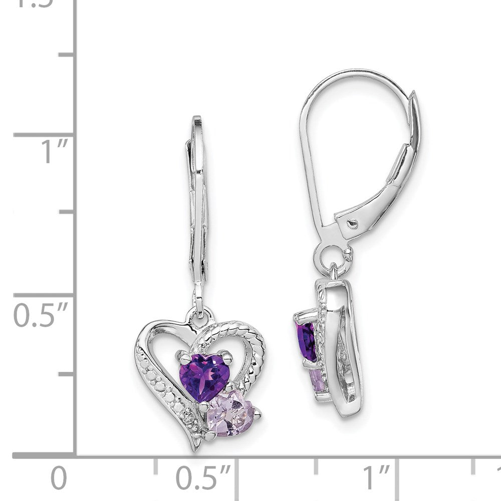 Sterling Silver Rh Plated Amethyst Pink Quartz And Diamond Heart Earrings