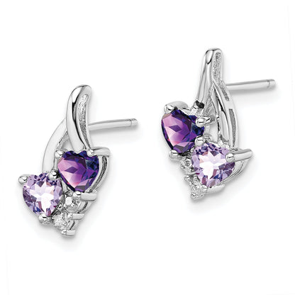 Sterling Silver Rh Plated Amethyst Pink Quartz And Diamond Earrings