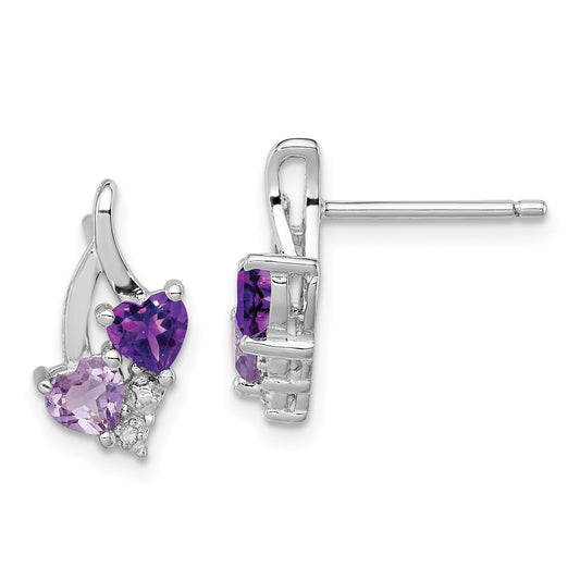 Sterling Silver Rh Plated Amethyst Pink Quartz And Diamond Earrings