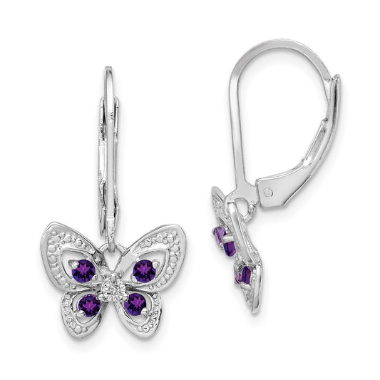 Sterling Silver Rhodium-Plated Amethyst And Diamond Butterfly Earrings