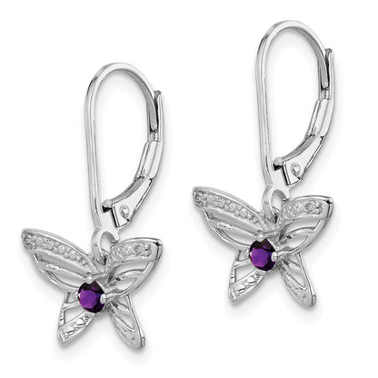Sterling Silver Rhodium-Plated Amethyst And Diamond Butterfly Earrings