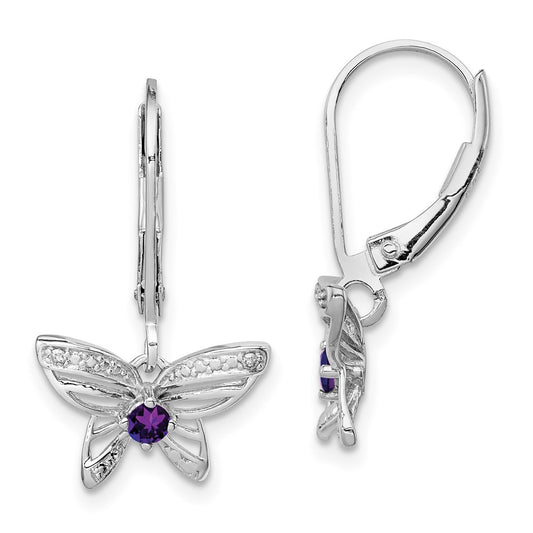 Sterling Silver Rhodium-Plated Amethyst And Diamond Butterfly Earrings
