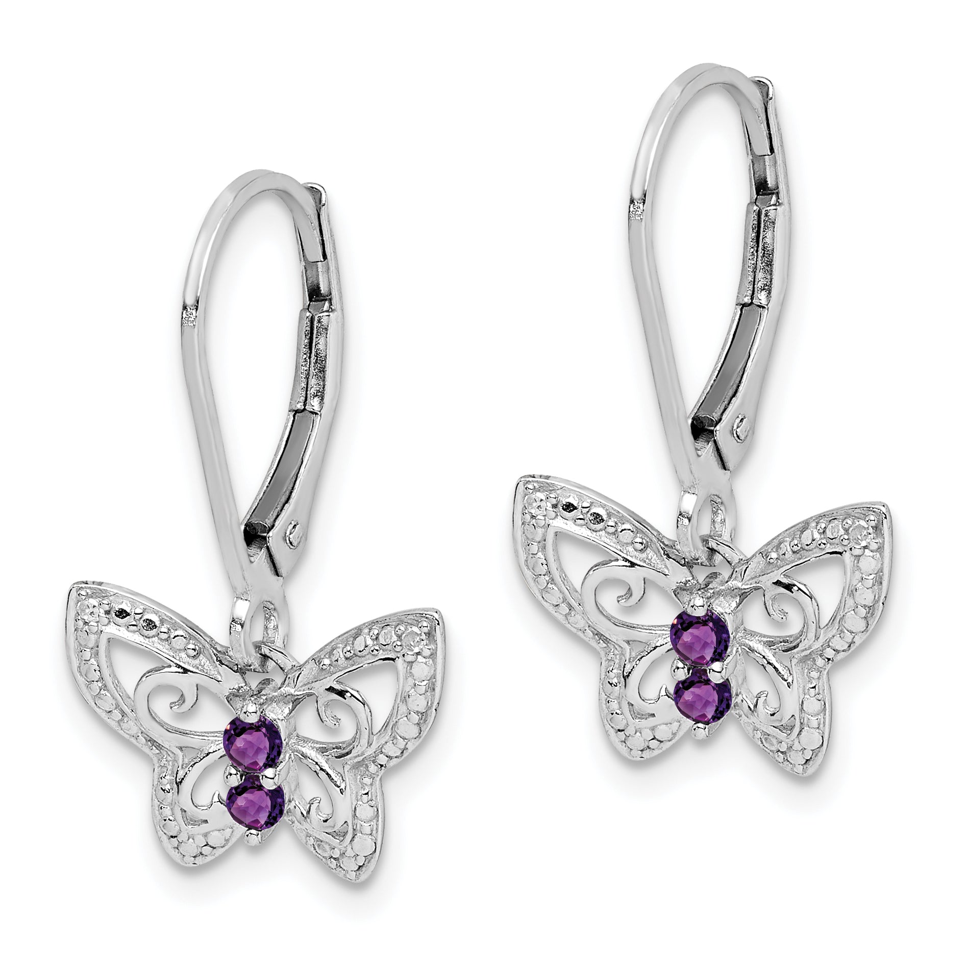 Sterling Silver Rhodium-Plated Amethyst And Diamond Butterfly Earrings