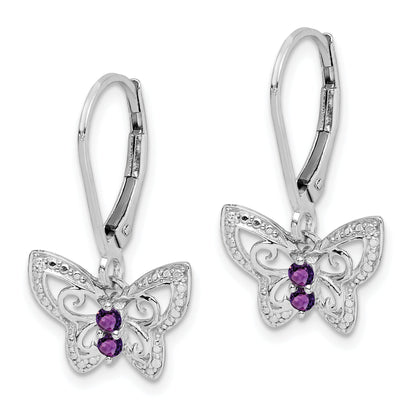 Sterling Silver Rhodium-Plated Amethyst And Diamond Butterfly Earrings