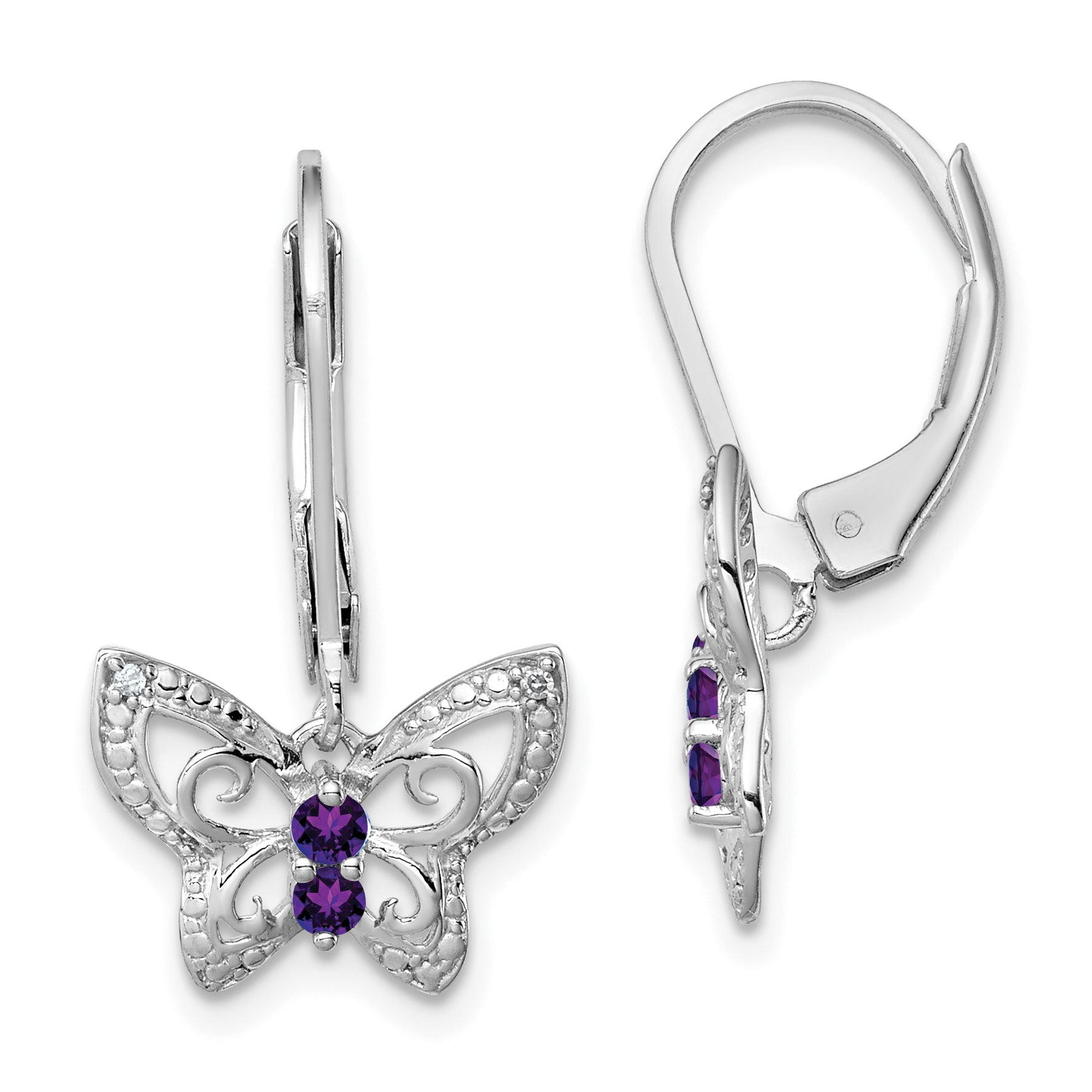 Sterling Silver Rhodium-Plated Amethyst And Diamond Butterfly Earrings