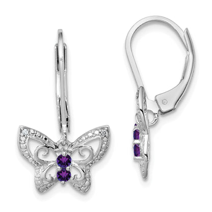 Sterling Silver Rhodium-Plated Amethyst And Diamond Butterfly Earrings