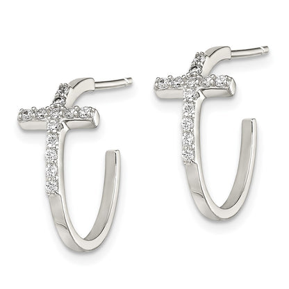 Sterling Silver Rhodium-Plated Cz Cross Hoop Earrings