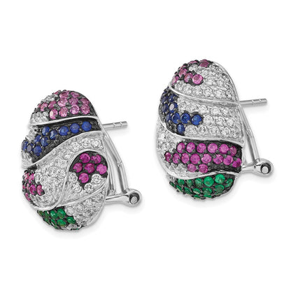 Sterling Silver W/ Black Rhodium Blue & Green Glass, Synthetic Ruby Cz Omega Back Earrings