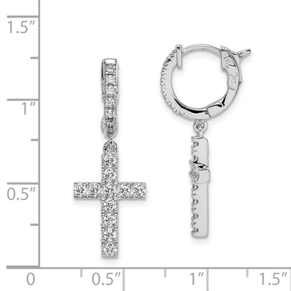 Sterling Silver Shimmer Rhodium-Plated 36 Stone Cz Cross Dangle Hinged Hoop Earrings