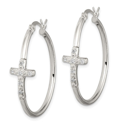 Sterling Silver Polished Cz Cross 2.5mm Round Hoop Earrings