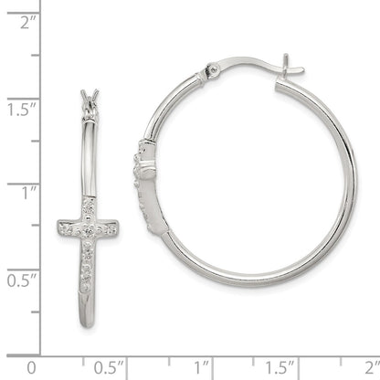 Sterling Silver Polished Cz Cross 2.5mm Round Hoop Earrings