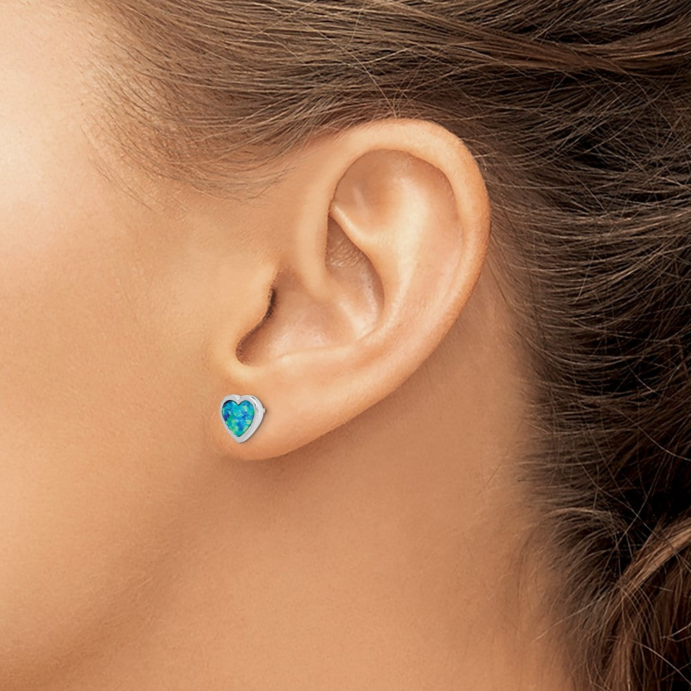 Sterling Silver Rhodium-Plated 9mm Blue Created Opal Heart Post Earrings