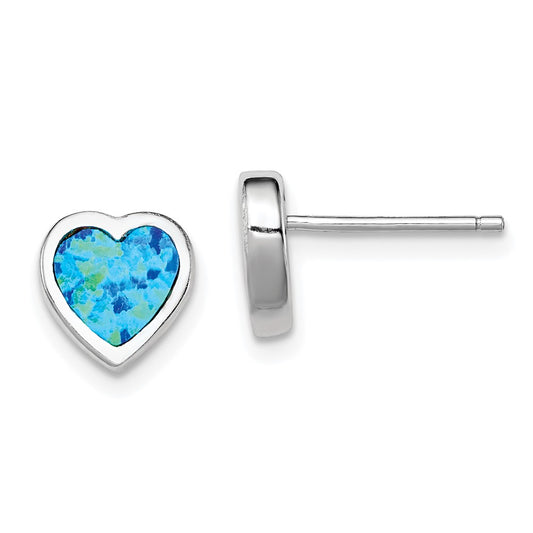 Sterling Silver Rhodium-Plated 9mm Blue Created Opal Heart Post Earrings
