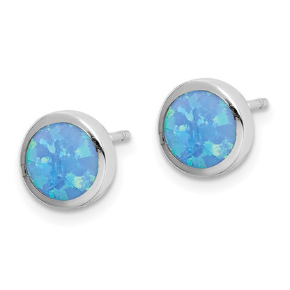 Sterling Silver Rh-Plated Polished Blue Created Opal Round Stud Earrings