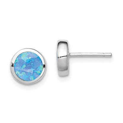 Sterling Silver Rh-Plated Polished Blue Created Opal Round Stud Earrings