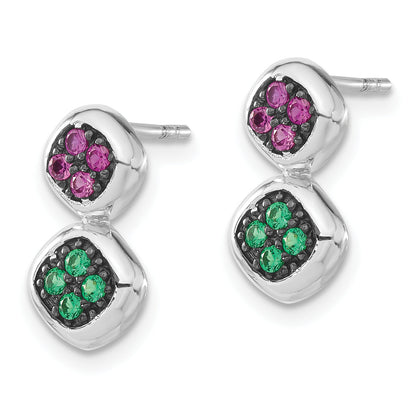 Sterling Silver Black Rhodium Synthetic Ruby & Green Spinel Post Dangle Earrings